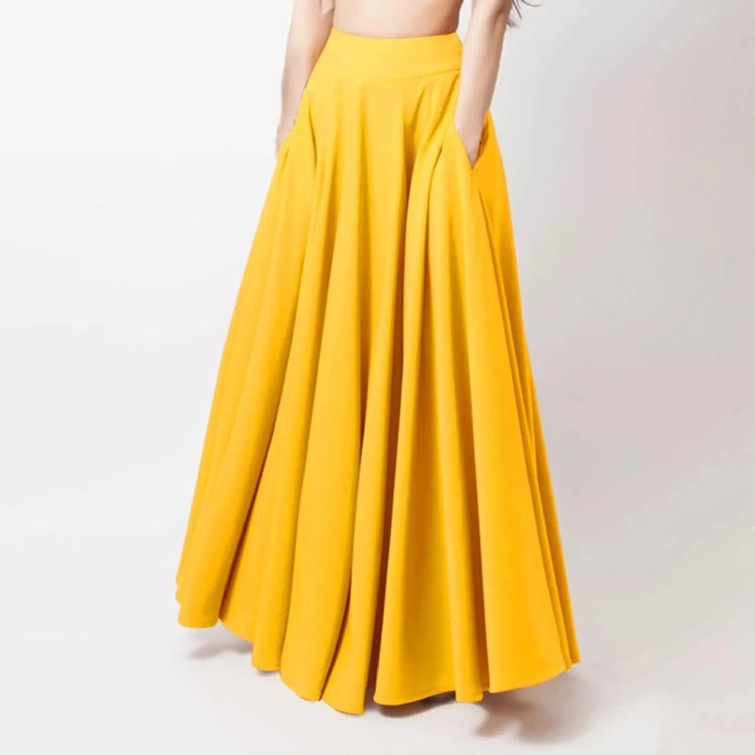 Women's Solid Color Pleated Long Skirt Casual Elastic High Waist Maxi Skirt Mopping Floor Length Skirt