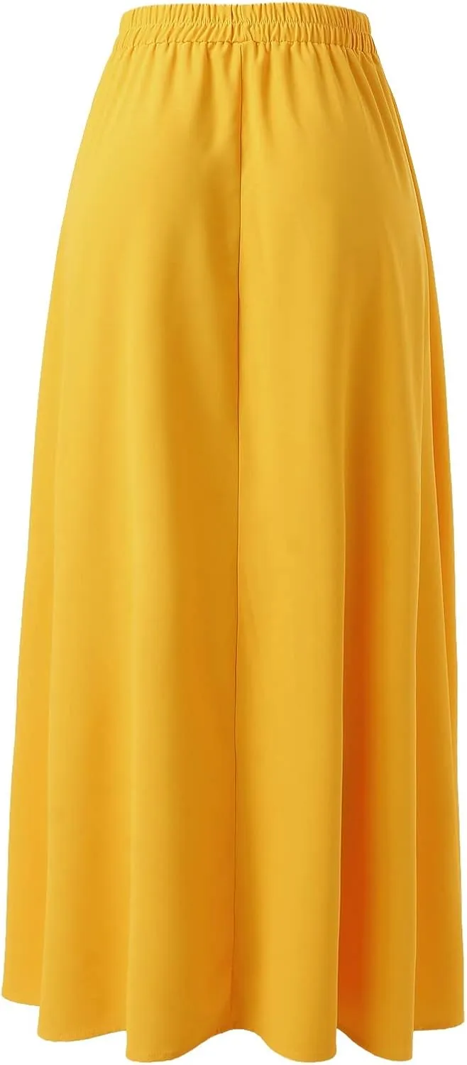 Women's Solid Color Pleated Long Skirt Casual Elastic High Waist Maxi Skirt Mopping Floor Length Skirt