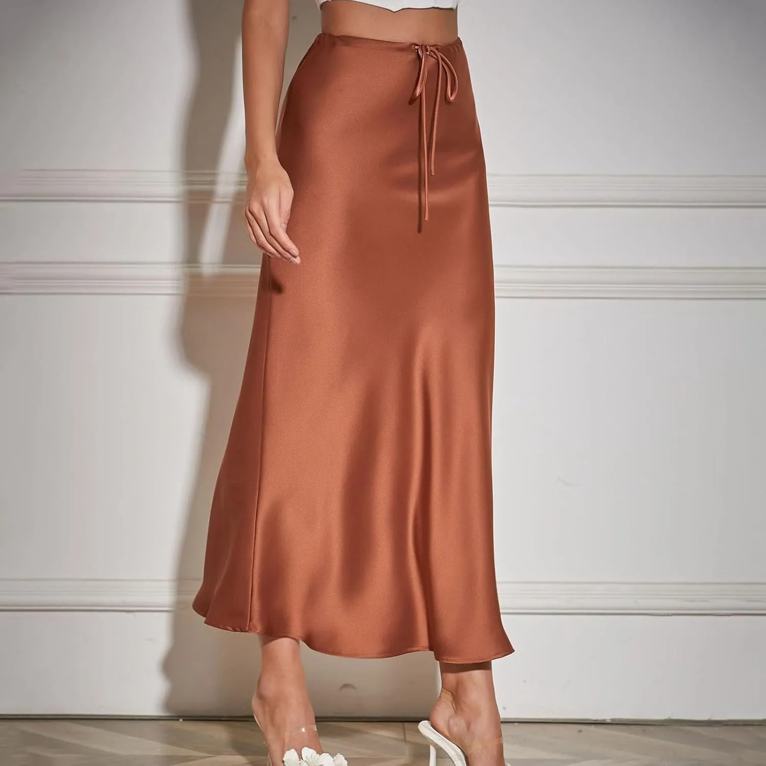 Women's Solid Color Satin Long Dress High Waist Drawstring Dress Fashion Skirts for Women 2024 Trendy