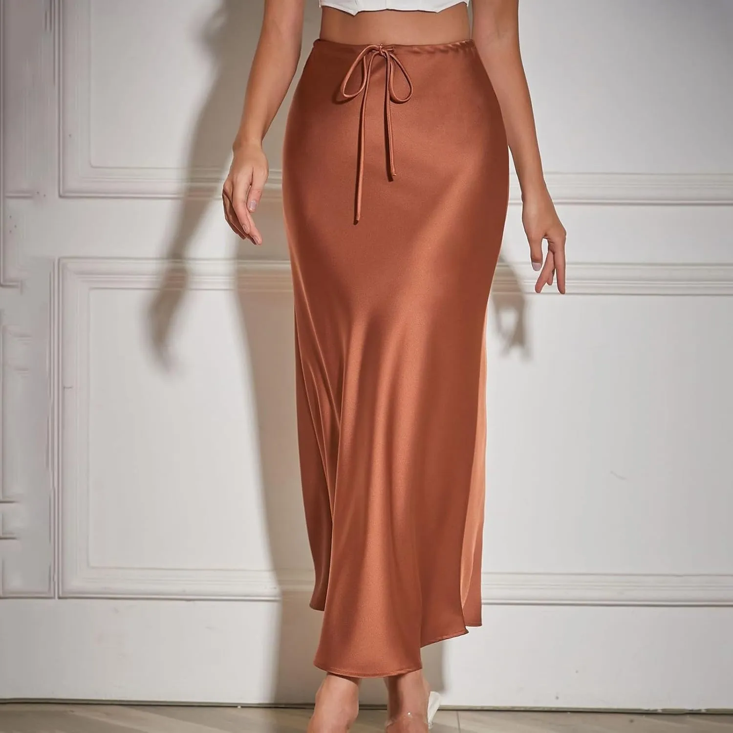 Women's Solid Color Satin Long Dress High Waist Drawstring Dress Fashion Skirts for Women 2024 Trendy