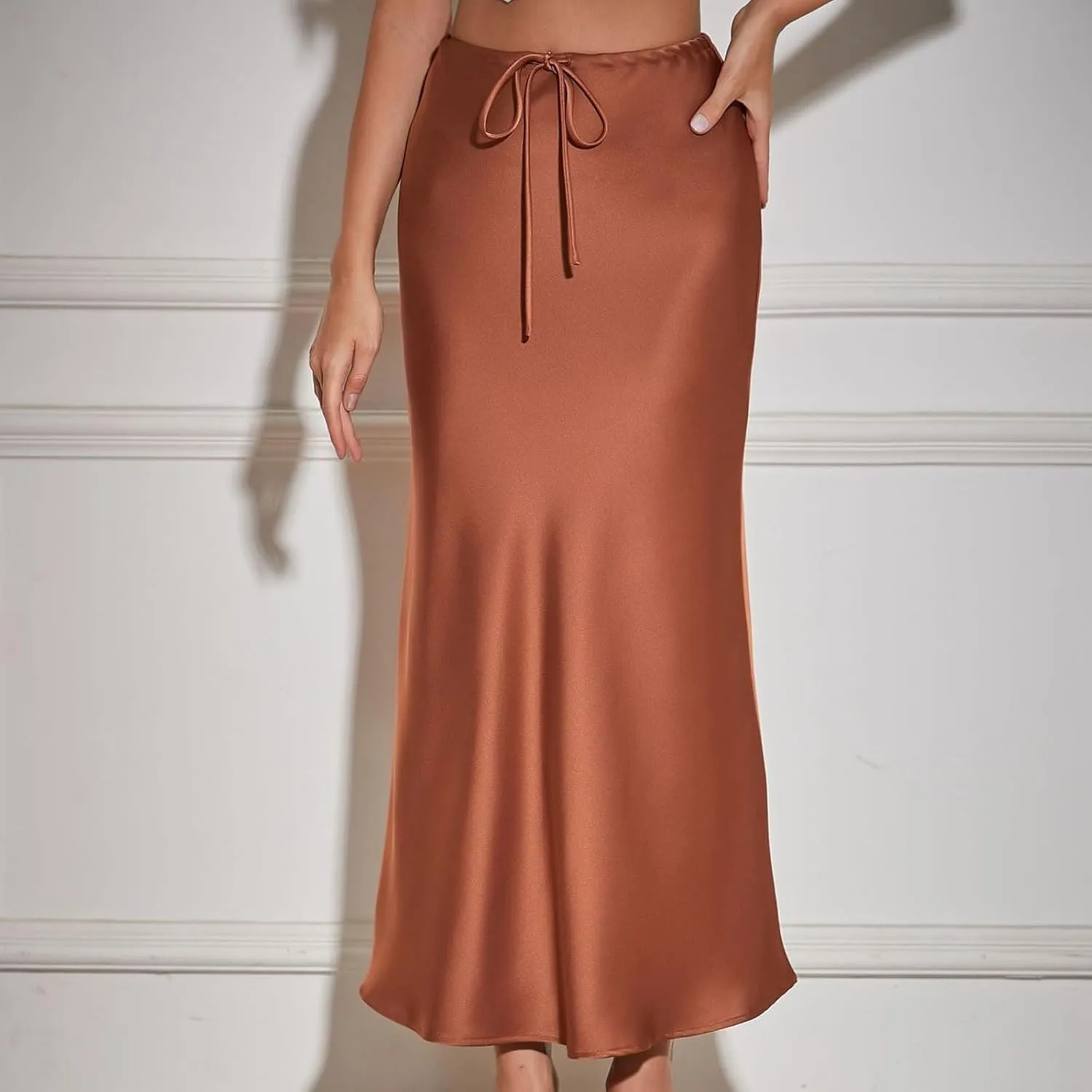 Women's Solid Color Satin Long Dress High Waist Drawstring Dress Fashion Skirts for Women 2024 Trendy