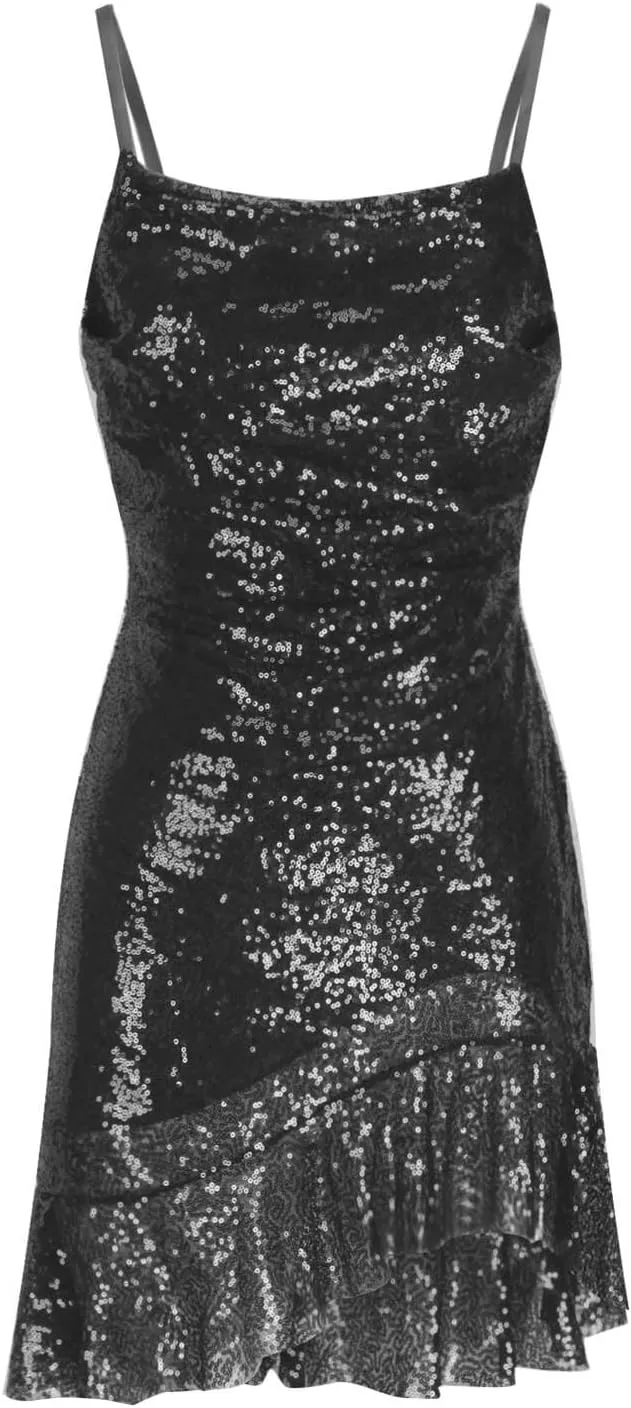 Womens Spaghetti Strap Dress Sexy Backless Sparkly Glitter Sequin Mini Dress Ruffle Hem Party Club Short Dresses