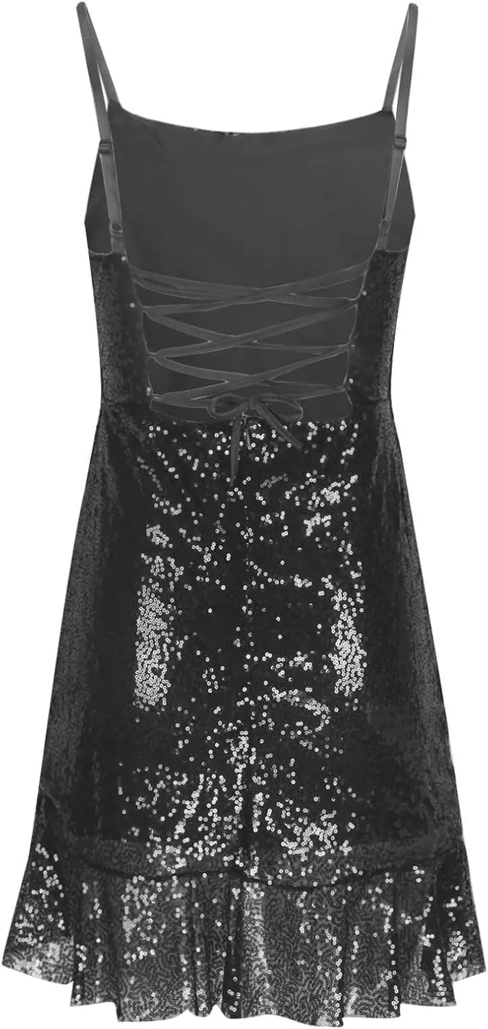 Womens Spaghetti Strap Dress Sexy Backless Sparkly Glitter Sequin Mini Dress Ruffle Hem Party Club Short Dresses