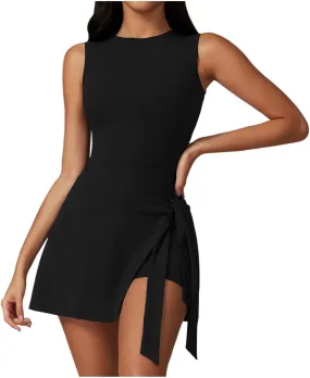 Women's Sports Tank Romper Sleeveless Workout Mini Dress Solid Knot Wrap High Elasticity Gym Yoga Running Outfits