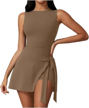 Women's Sports Tank Romper Sleeveless Workout Mini Dress Solid Knot Wrap High Elasticity Gym Yoga Running Outfits