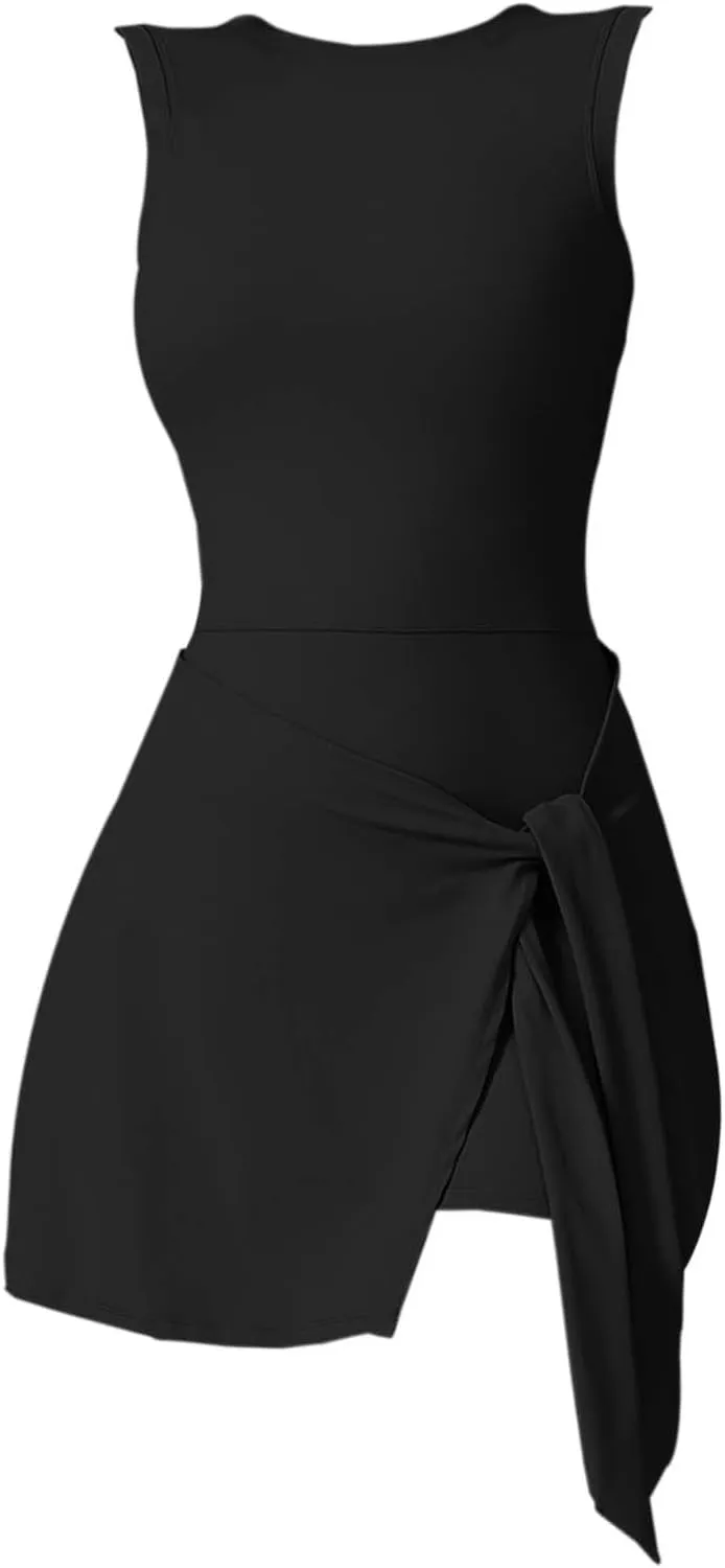 Women's Sports Tank Romper Sleeveless Workout Mini Dress Solid Knot Wrap High Elasticity Gym Yoga Running Outfits