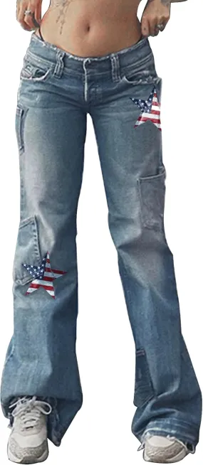 Womens Star Print Jeans Y2k Jeans Baggy Denim Pants Vintage Blue Jeans Straight Leg Pants