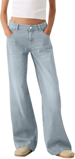Womens Straight Leg Jeans High Waisted Baggy Jeans Wide Leg Stretchy Trendy Denim Pants with Pockets