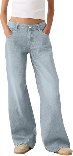 Womens Straight Leg Jeans High Waisted Baggy Jeans Wide Leg Stretchy Trendy Denim Pants with Pockets