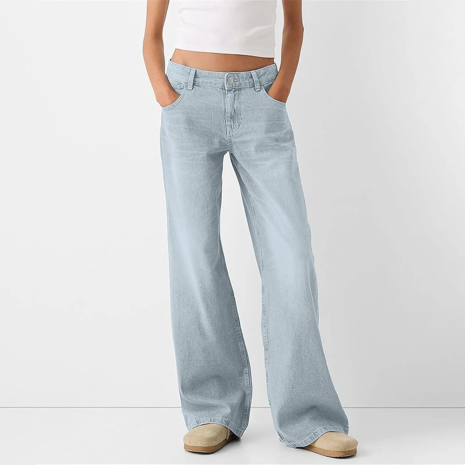 Womens Straight Leg Jeans High Waisted Baggy Jeans Wide Leg Stretchy Trendy Denim Pants with Pockets