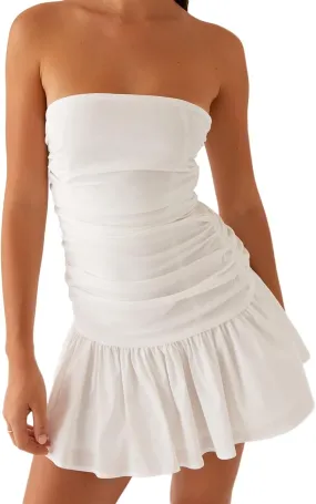 Women's Strapless 3D Flower Mini Dress Sexy Ruffle Short Tube Dress with 3DFloral Bodycon Backless Cocktail Party
