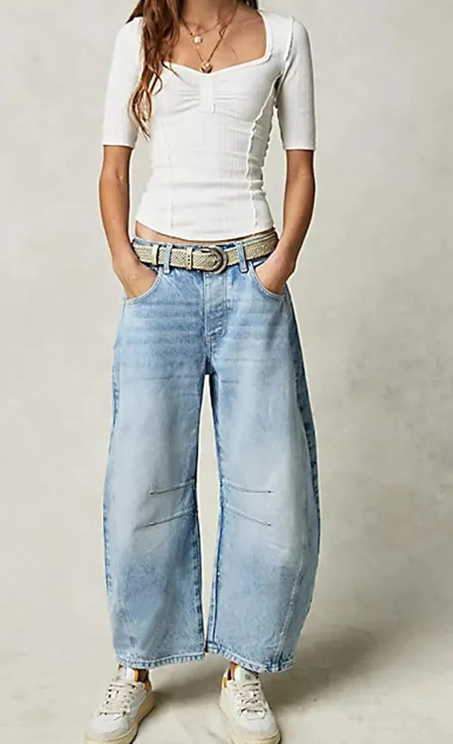 Womens Stretchy Mid Rise Barrel Jeans Vintage Loose Wide Leg Cropped Denim Pants Y2k Baggy Boyfriend Jeans