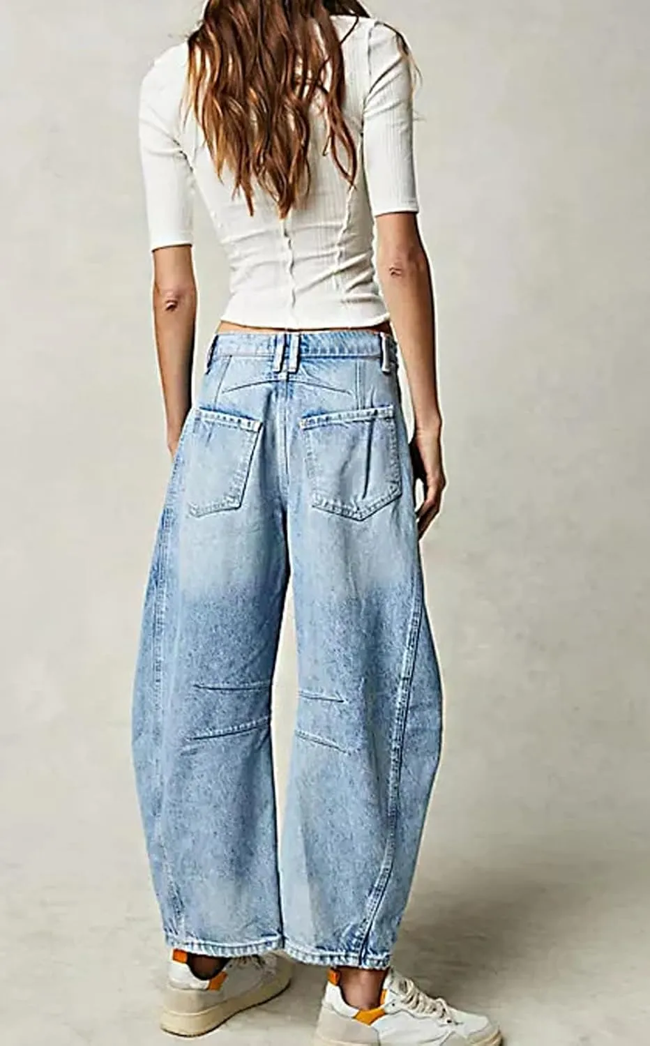 Womens Stretchy Mid Rise Barrel Jeans Vintage Loose Wide Leg Cropped Denim Pants Y2k Baggy Boyfriend Jeans