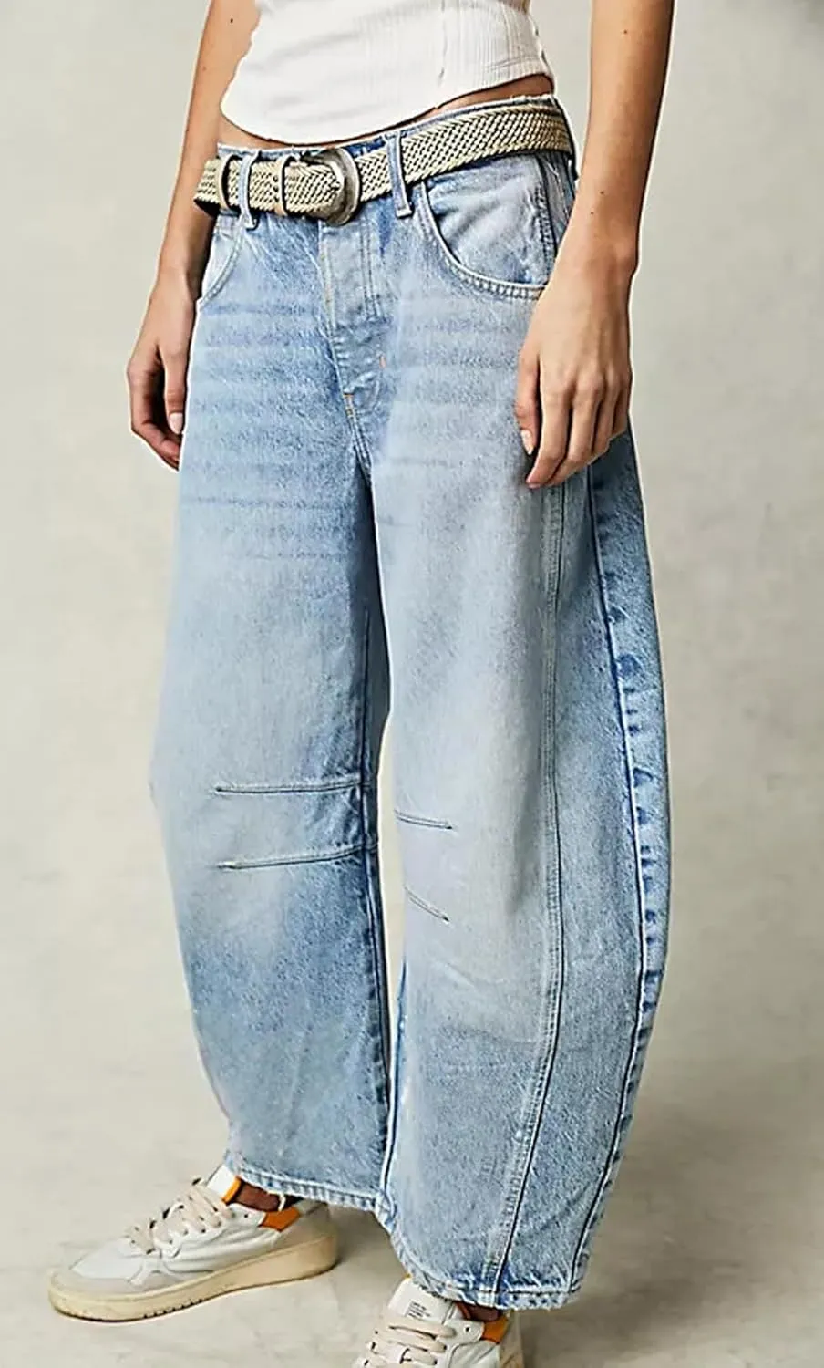 Womens Stretchy Mid Rise Barrel Jeans Vintage Loose Wide Leg Cropped Denim Pants Y2k Baggy Boyfriend Jeans