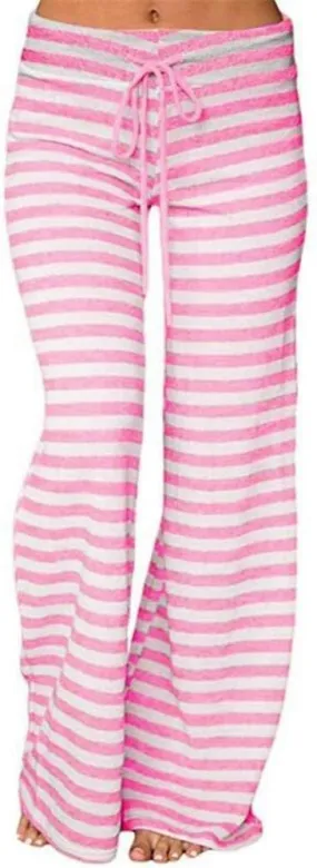 Womens Striped Wide Leg Pants Elastic High Waist Drawstring Trousers Loose Fitness Dancing Yoga Pants