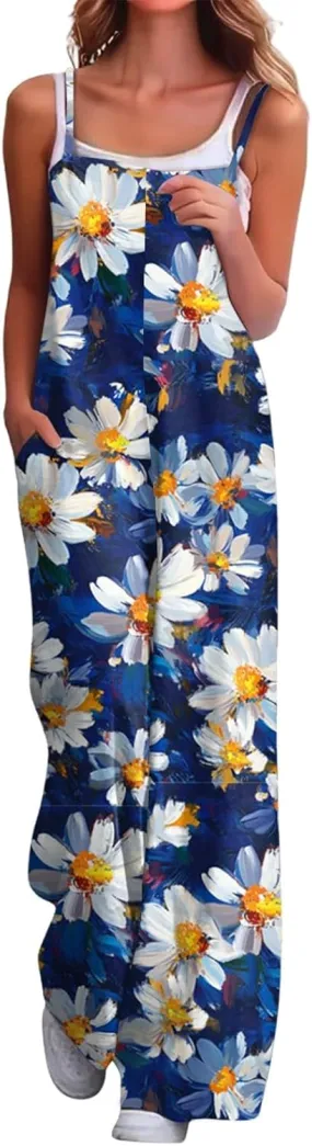 Women's Summer Boho Casual Jumpsuits Dressy Wide Leg Overalls Floral Print Baggy Rompers Vacation Outfits with Pockets