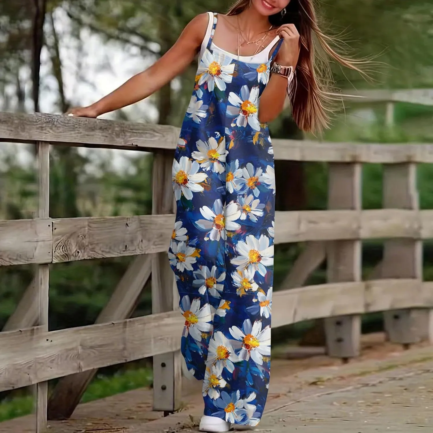 Women's Summer Boho Casual Jumpsuits Dressy Wide Leg Overalls Floral Print Baggy Rompers Vacation Outfits with Pockets