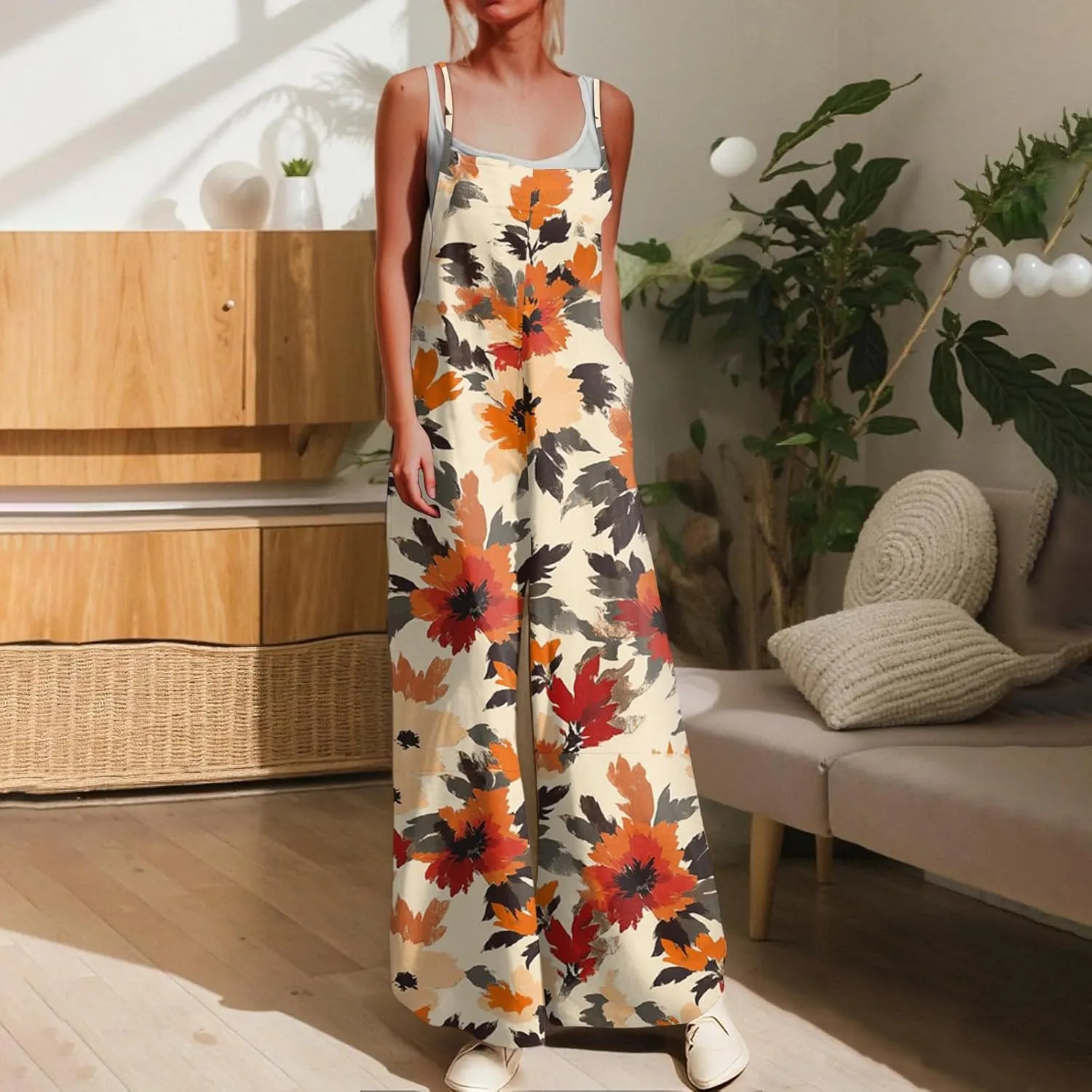 Women's Summer Boho Casual Jumpsuits Dressy Wide Leg Overalls Floral Print Baggy Rompers Vacation Outfits with Pockets