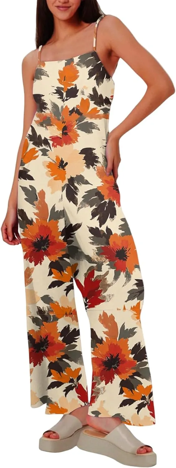 Women's Summer Boho Casual Jumpsuits Dressy Wide Leg Overalls Floral Print Baggy Rompers Vacation Outfits with Pockets