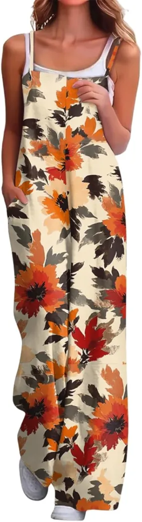 Women's Summer Boho Casual Jumpsuits Dressy Wide Leg Overalls Floral Print Baggy Rompers Vacation Outfits with Pockets