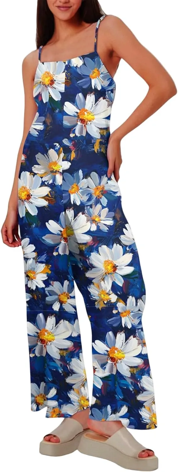 Women's Summer Boho Casual Jumpsuits Dressy Wide Leg Overalls Floral Print Baggy Rompers Vacation Outfits with Pockets