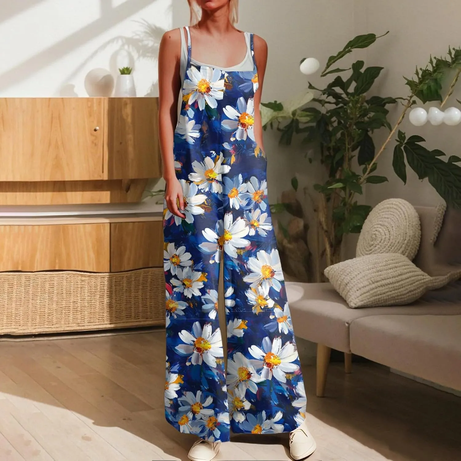 Women's Summer Boho Casual Jumpsuits Dressy Wide Leg Overalls Floral Print Baggy Rompers Vacation Outfits with Pockets