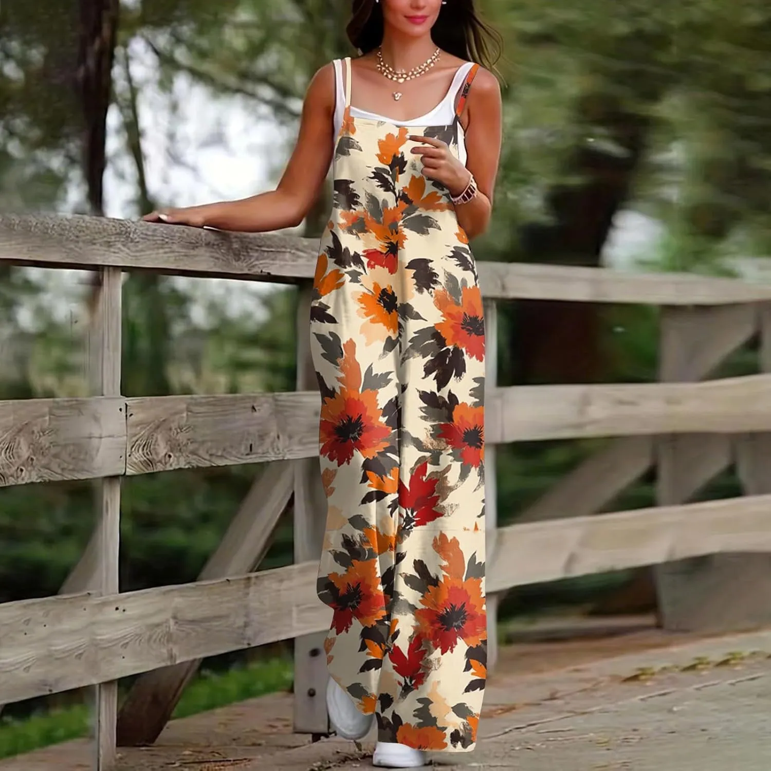 Women's Summer Boho Casual Jumpsuits Dressy Wide Leg Overalls Floral Print Baggy Rompers Vacation Outfits with Pockets