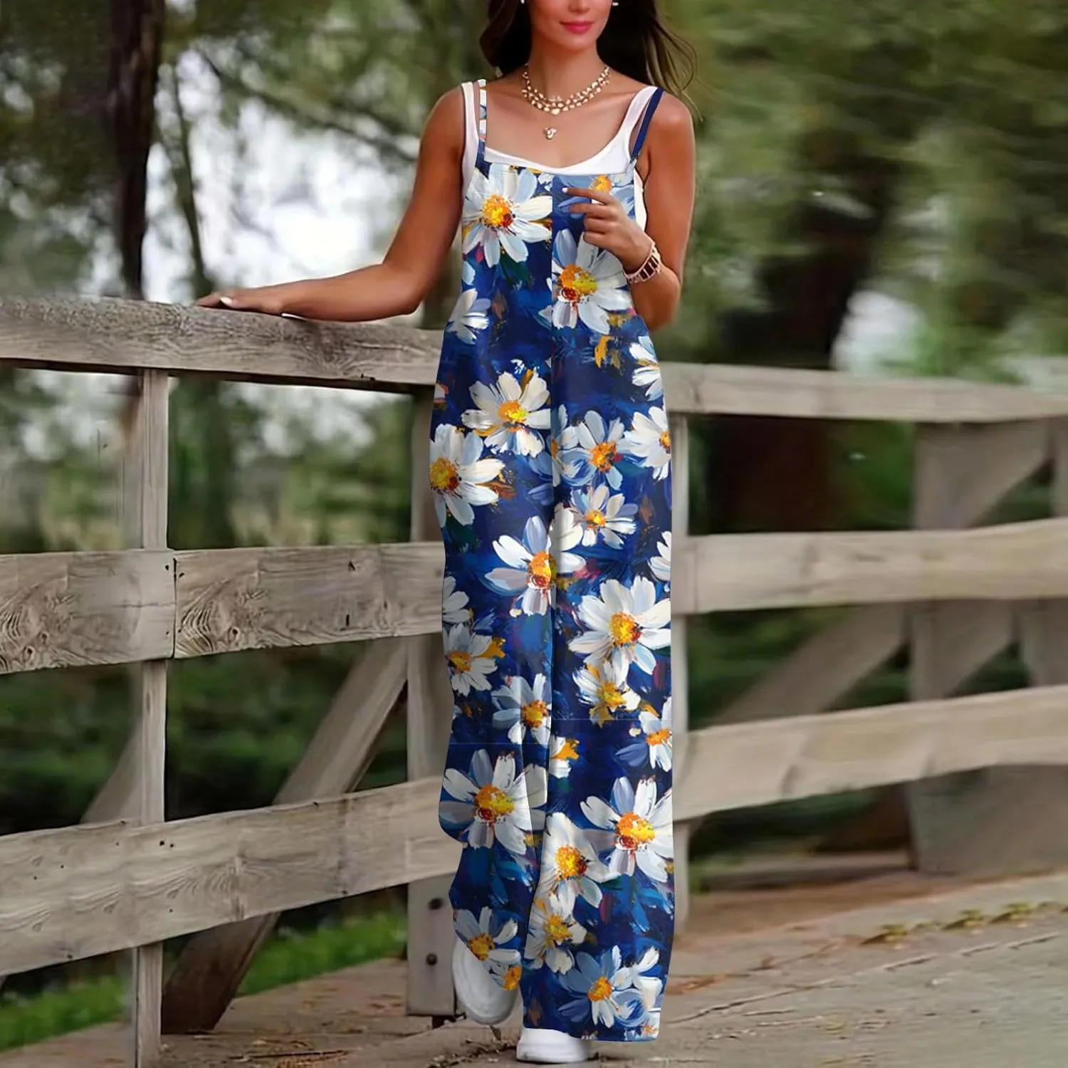 Women's Summer Boho Casual Jumpsuits Dressy Wide Leg Overalls Floral Print Baggy Rompers Vacation Outfits with Pockets