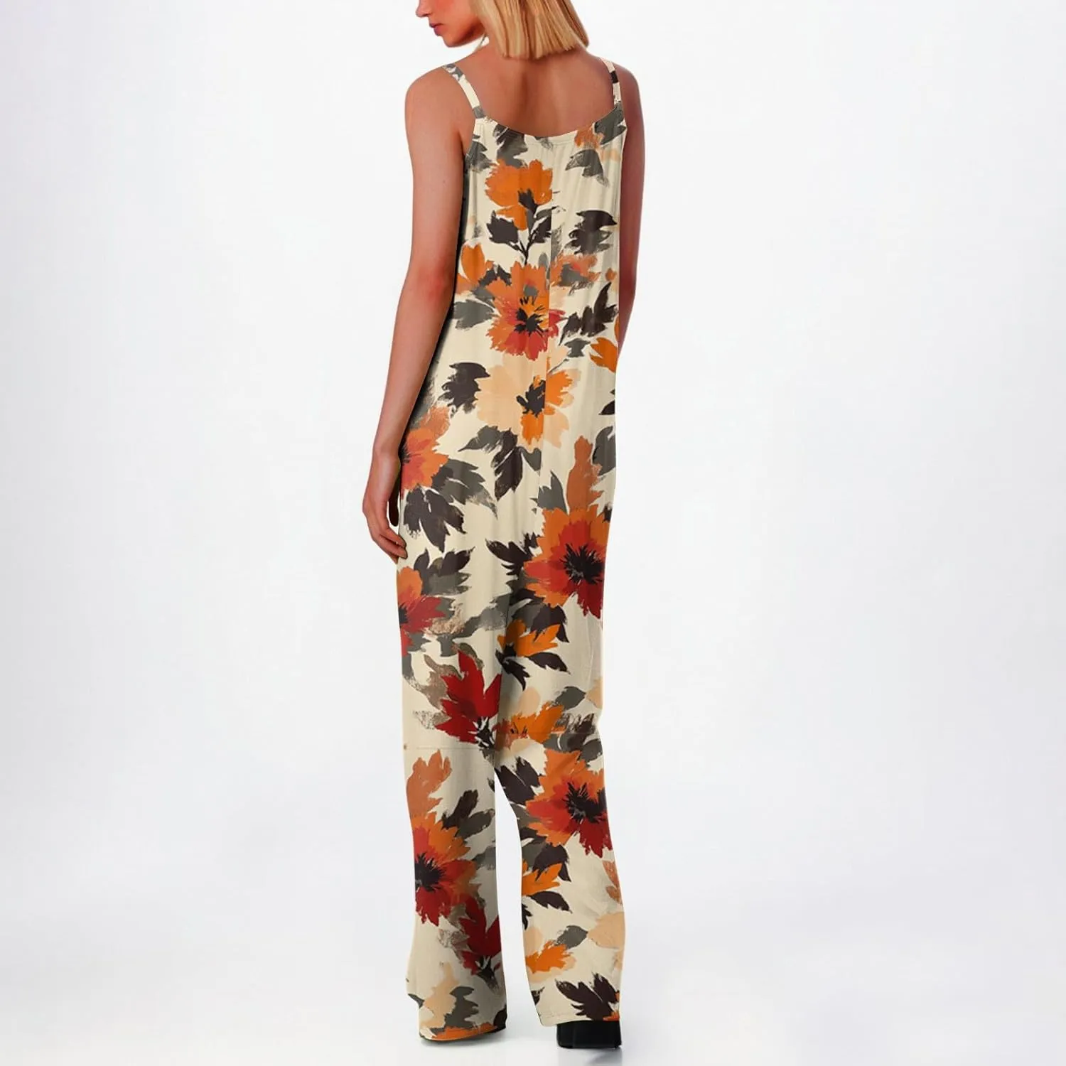 Women's Summer Boho Casual Jumpsuits Dressy Wide Leg Overalls Floral Print Baggy Rompers Vacation Outfits with Pockets