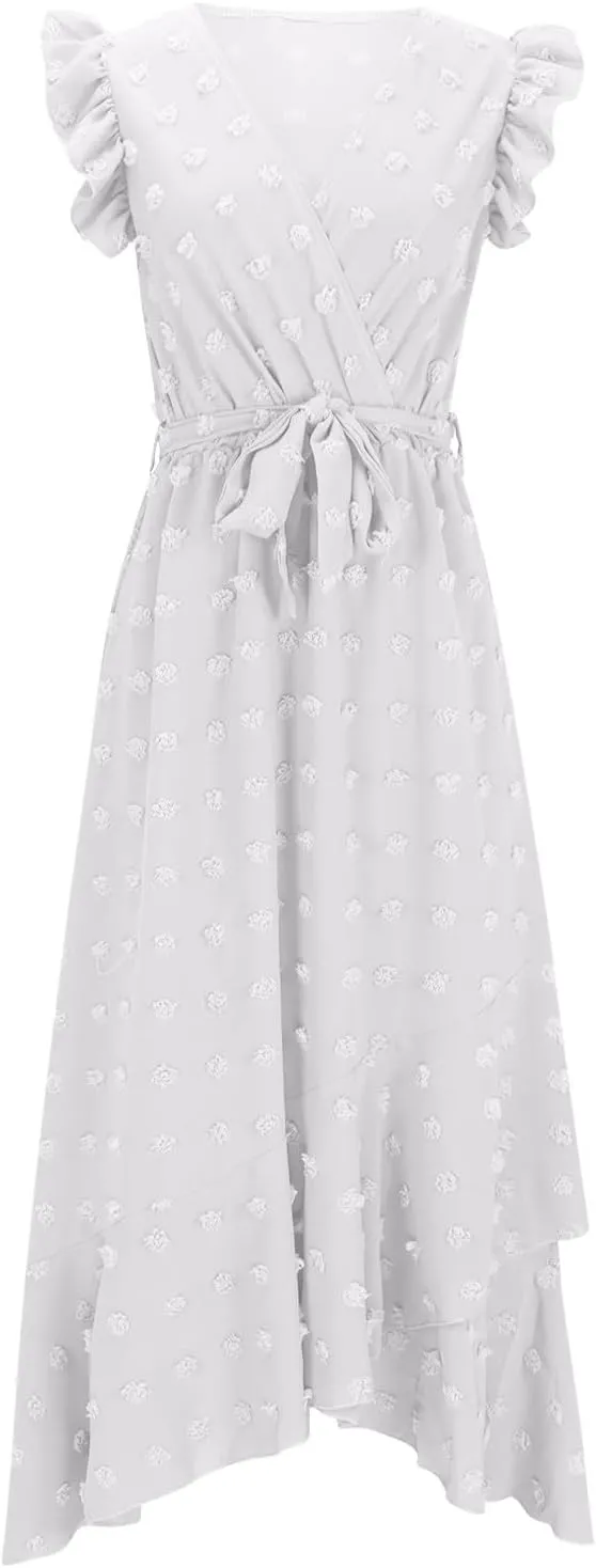 Womens Summer Dress 2025 V Neck Cap Sleeve Swiss Dots Boho Flowy Ruffle Slit Beach Long Maxi Cocktail Party Dresses