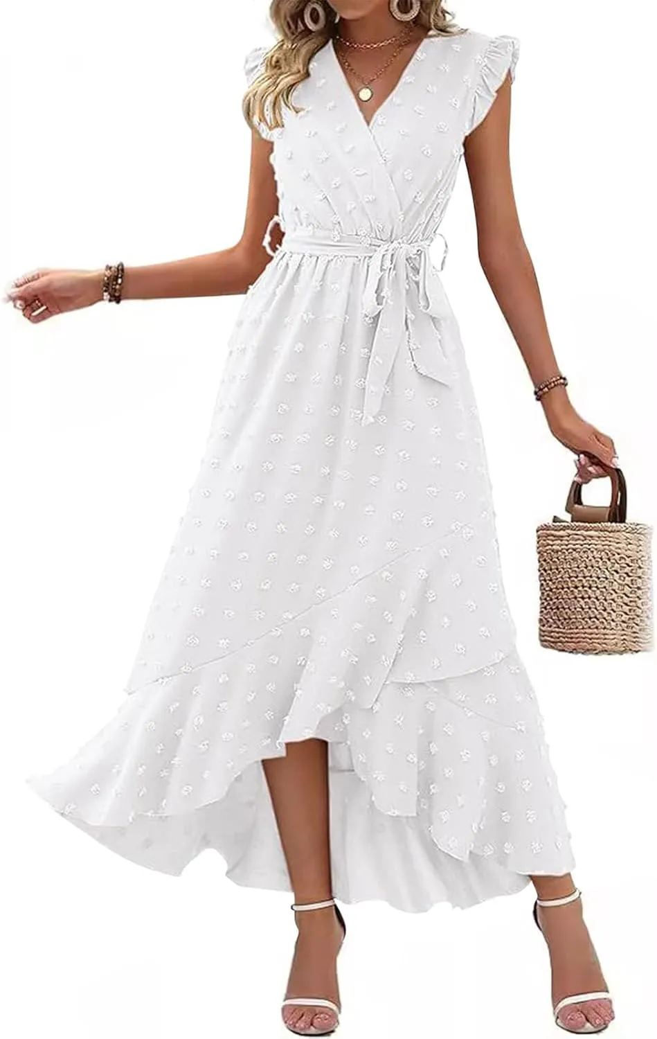 Womens Summer Dress 2025 V Neck Cap Sleeve Swiss Dots Boho Flowy Ruffle Slit Beach Long Maxi Cocktail Party Dresses