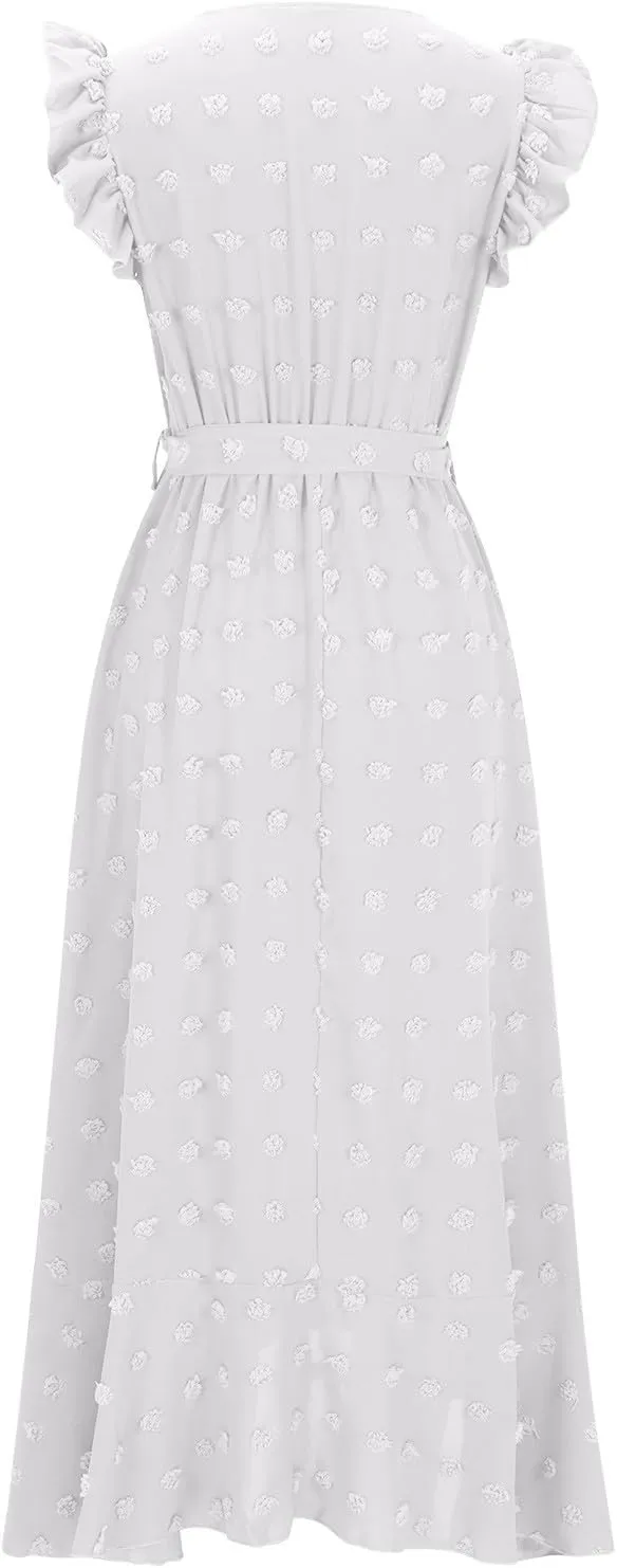 Womens Summer Dress 2025 V Neck Cap Sleeve Swiss Dots Boho Flowy Ruffle Slit Beach Long Maxi Cocktail Party Dresses