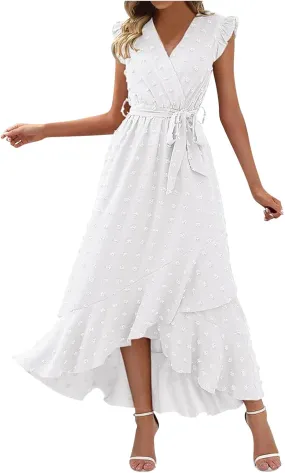 Womens Summer Dress 2025 V Neck Cap Sleeve Swiss Dots Boho Flowy Ruffle Slit Beach Long Maxi Cocktail Party Dresses
