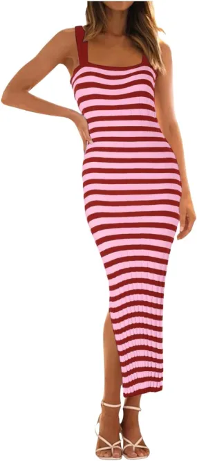 Women's Summer Dress Sleeveless Spaghetti Strap Striped Maxi Dress Casual Party Dresses Beach Long Dress