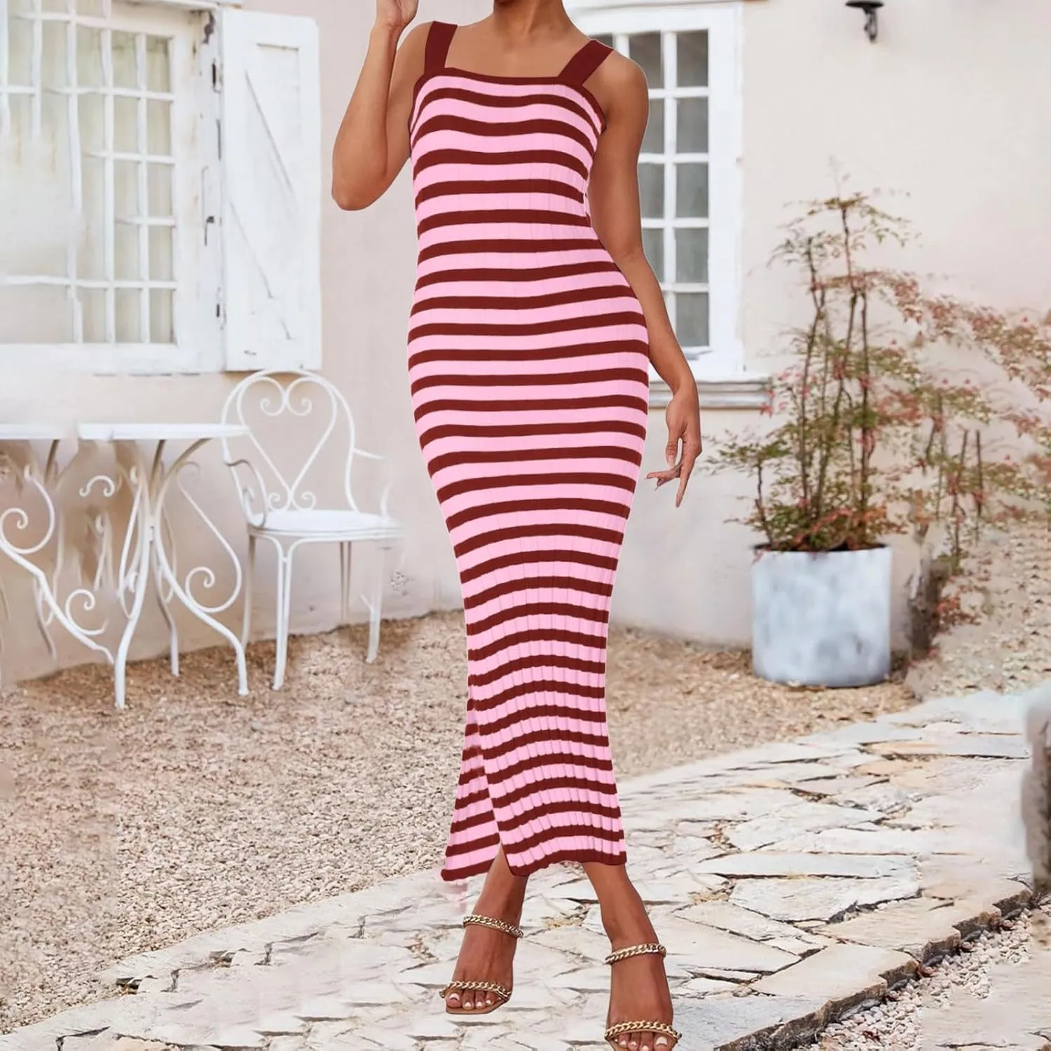 Women's Summer Dress Sleeveless Spaghetti Strap Striped Maxi Dress Casual Party Dresses Beach Long Dress