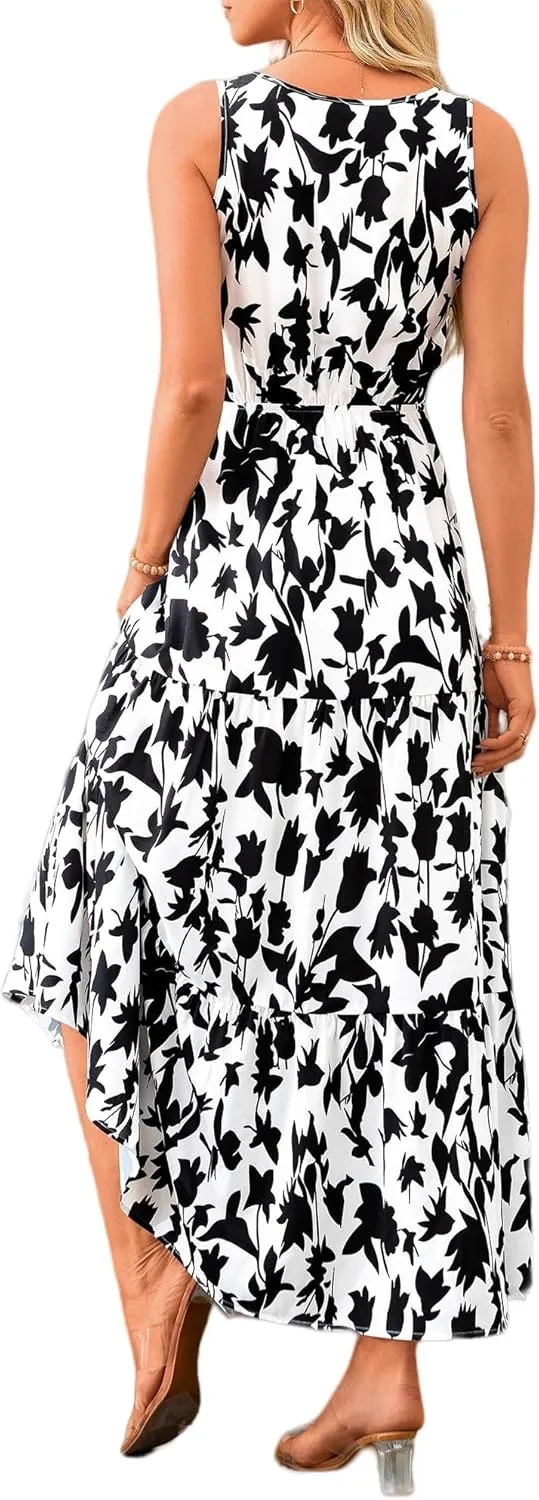 Womens Summer Dress Sleeveless V Neck Cute Floral Maxi Dresses Casual Flowy Swing Wedding Guest Long Dress