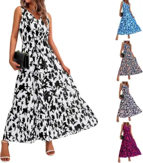 Womens Summer Dress Sleeveless V Neck Cute Floral Maxi Dresses Casual Flowy Swing Wedding Guest Long Dress