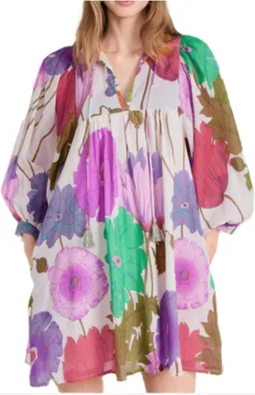 Women's Summer Dresses 2024 Casual Puff Sleeve V Neck Floral Print Boho Ruffle Layered A-Line Mini Party Dress