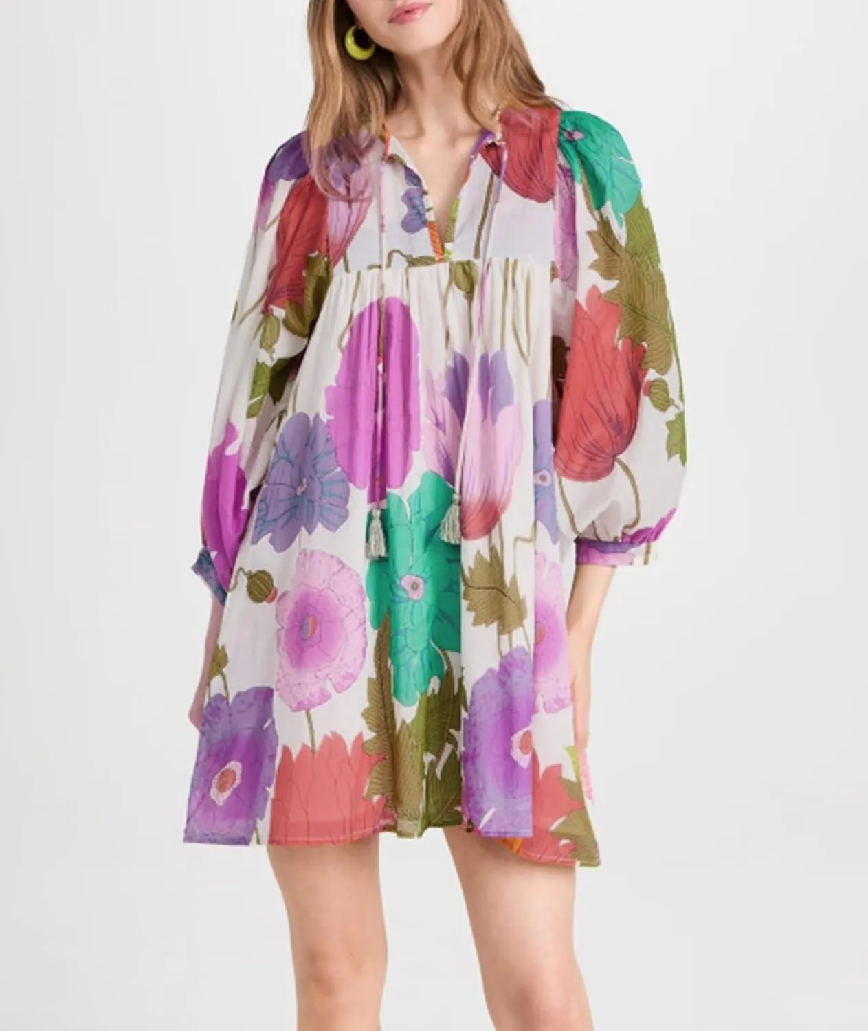 Women's Summer Dresses 2024 Casual Puff Sleeve V Neck Floral Print Boho Ruffle Layered A-Line Mini Party Dress