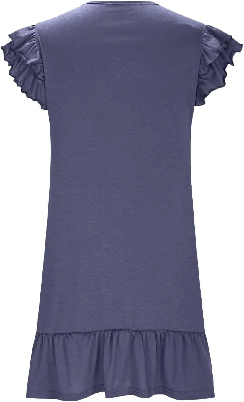 Women's Summer Dresses 2025 Ruffle Short Sleeve Smocked V Neck Casual Loose A-Line Swing Mini Dress Cocktail Sundress