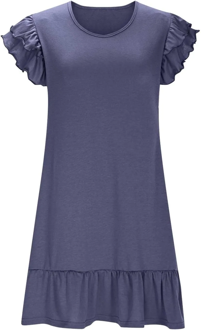 Women's Summer Dresses 2025 Ruffle Short Sleeve Smocked V Neck Casual Loose A-Line Swing Mini Dress Cocktail Sundress