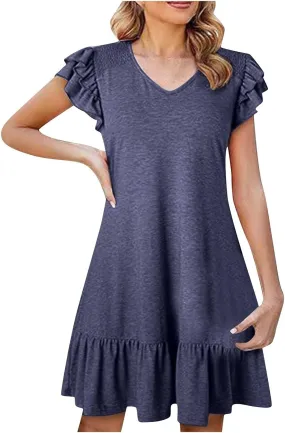 Women's Summer Dresses 2025 Ruffle Short Sleeve Smocked V Neck Casual Loose A-Line Swing Mini Dress Cocktail Sundress