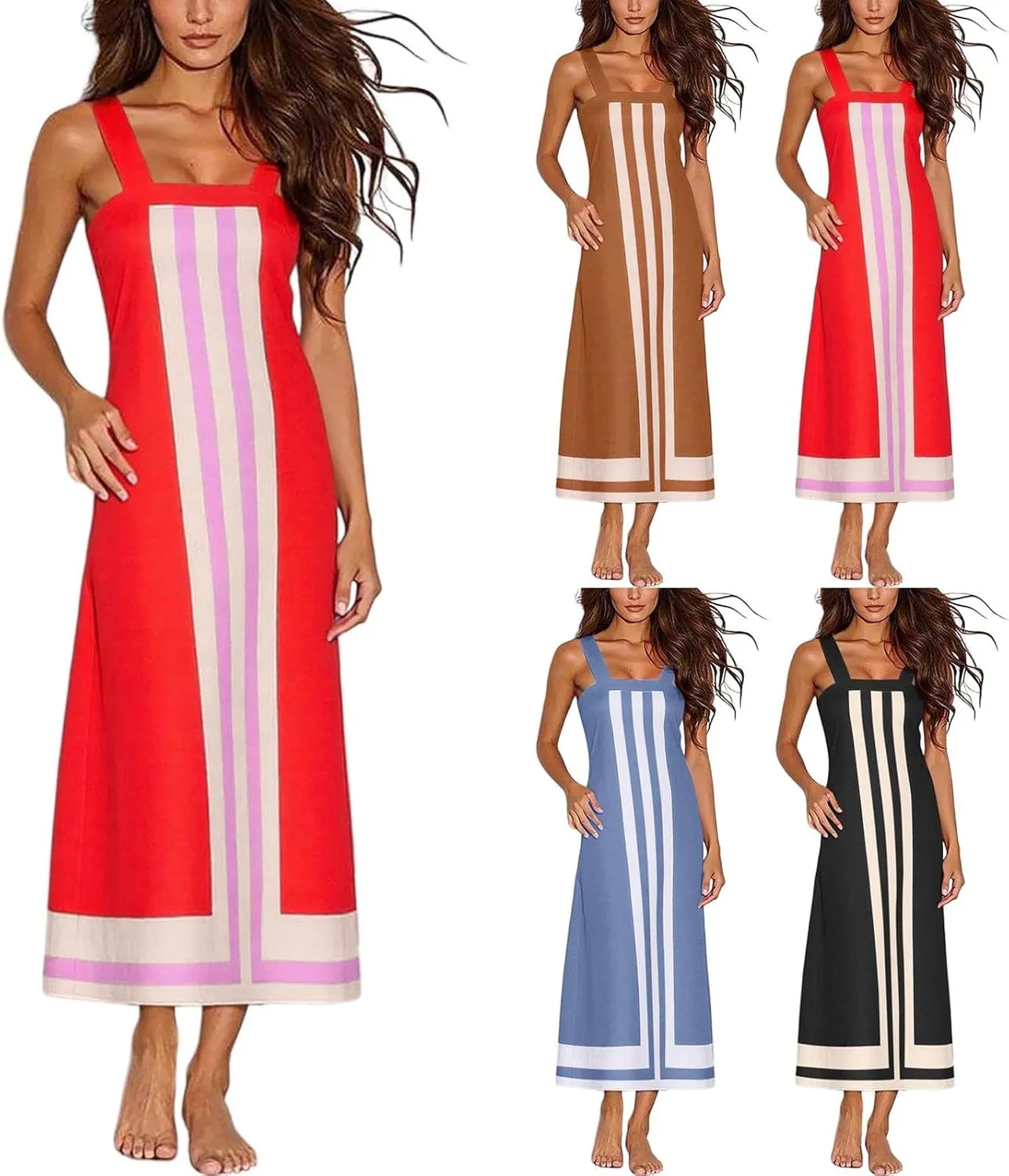 Womens Summer Maxi Dress Boho Striped Shoulder Strap Long Sundress Summer 2025 Color Blocked Beach Cover Up Dress
