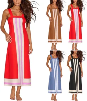 Womens Summer Maxi Dress Boho Striped Shoulder Strap Long Sundress Summer 2025 Color Blocked Beach Cover Up Dress
