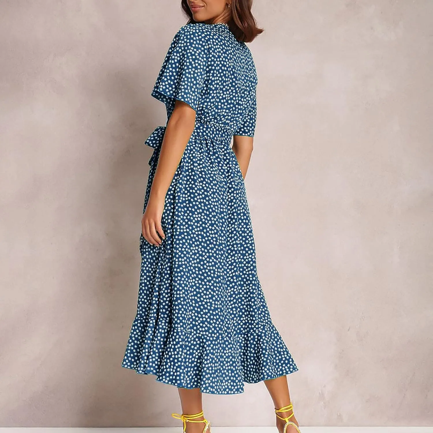 Women's Summer Maxi Dress Casual Boho Floral Wrap V Neck Short Sleeve Ruffle Hem Split Beach Long Dresses with Belt