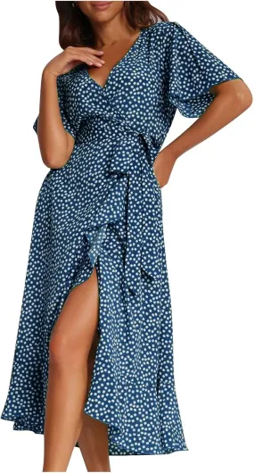 Women's Summer Maxi Dress Casual Boho Floral Wrap V Neck Short Sleeve Ruffle Hem Split Beach Long Dresses with Belt