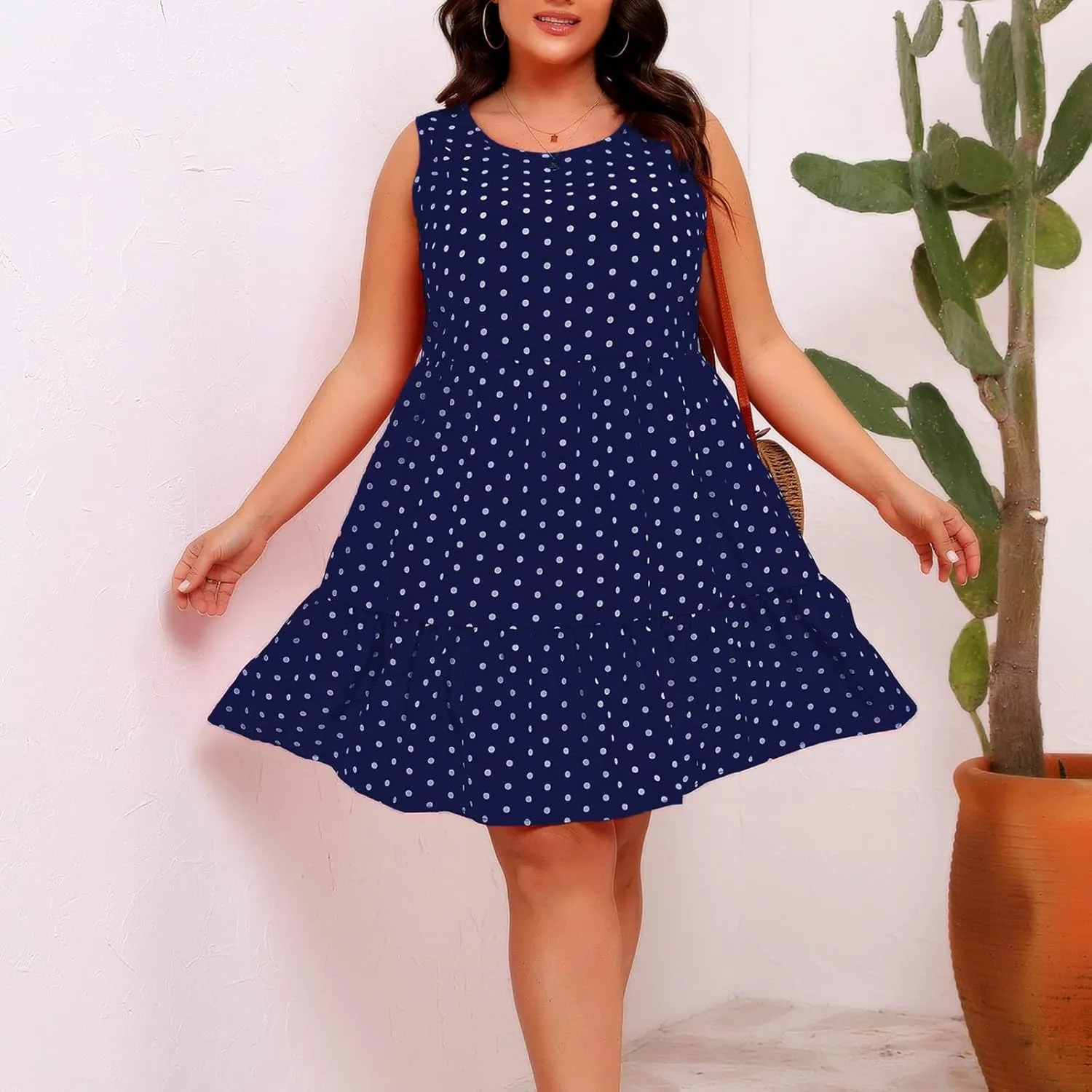 Women's Summer Plus Size Swing Dress, Sleeveless Crewneck Casual Dresses Fashion Polka Dot Porm Party Trendy Clothes