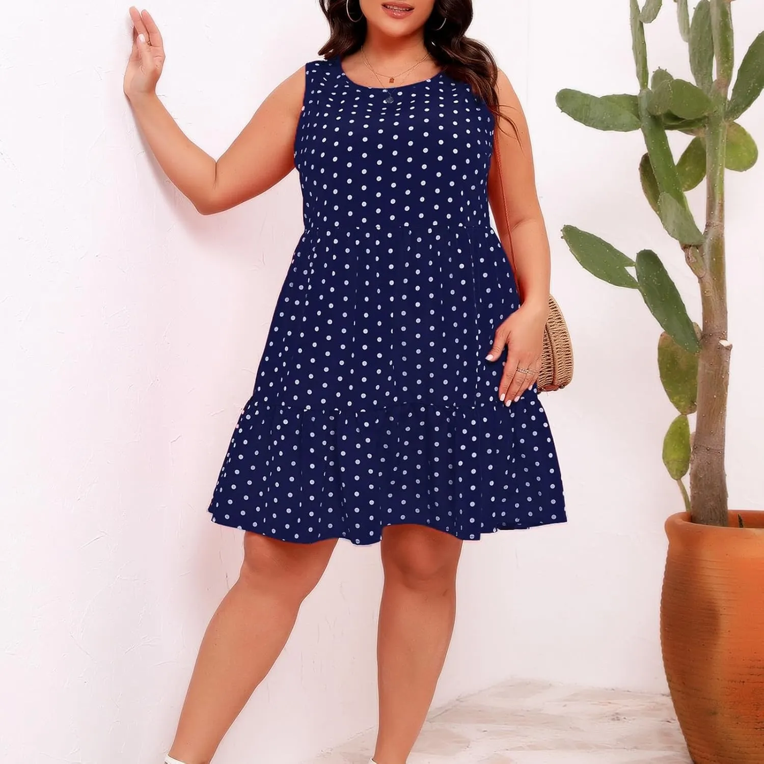 Women's Summer Plus Size Swing Dress, Sleeveless Crewneck Casual Dresses Fashion Polka Dot Porm Party Trendy Clothes