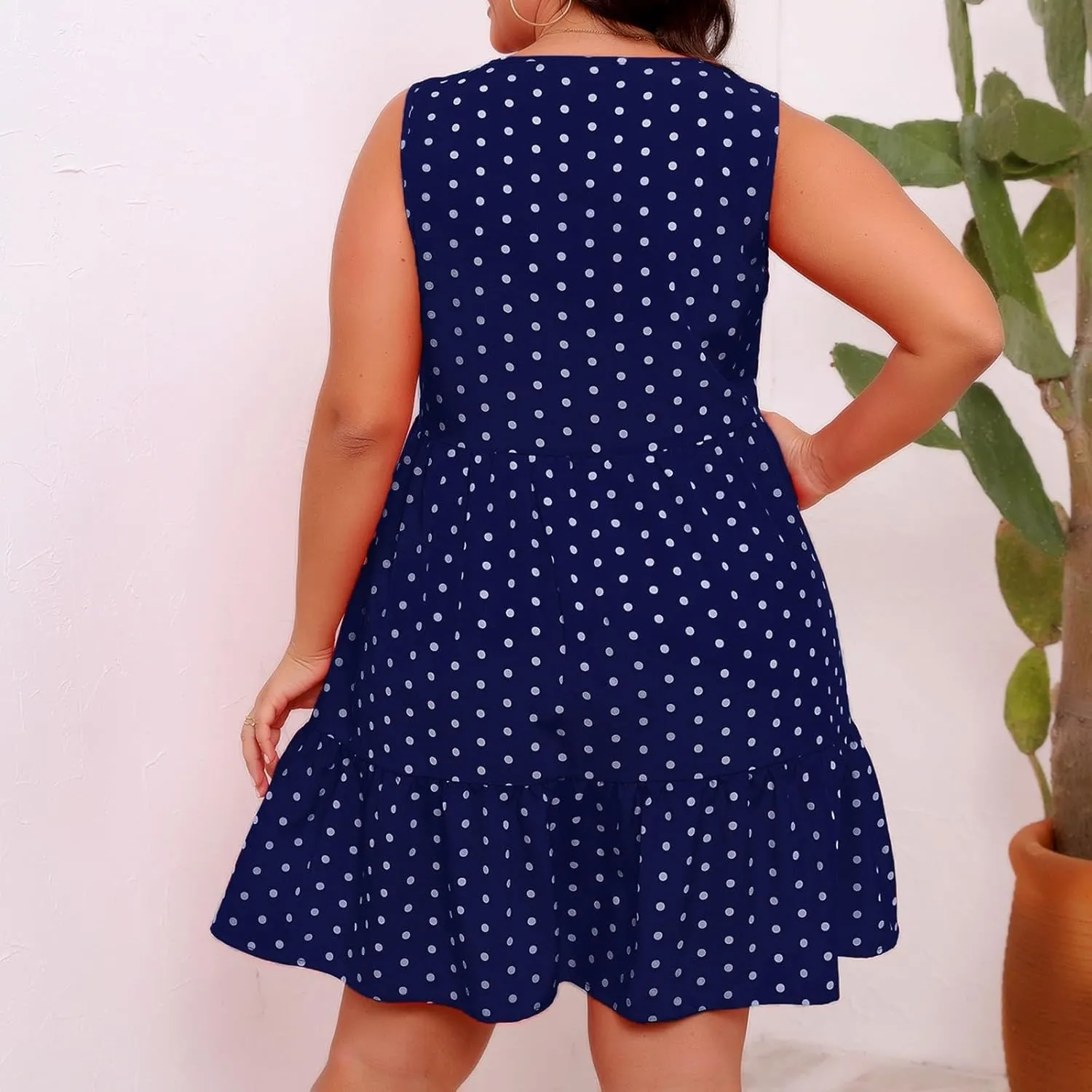 Women's Summer Plus Size Swing Dress, Sleeveless Crewneck Casual Dresses Fashion Polka Dot Porm Party Trendy Clothes