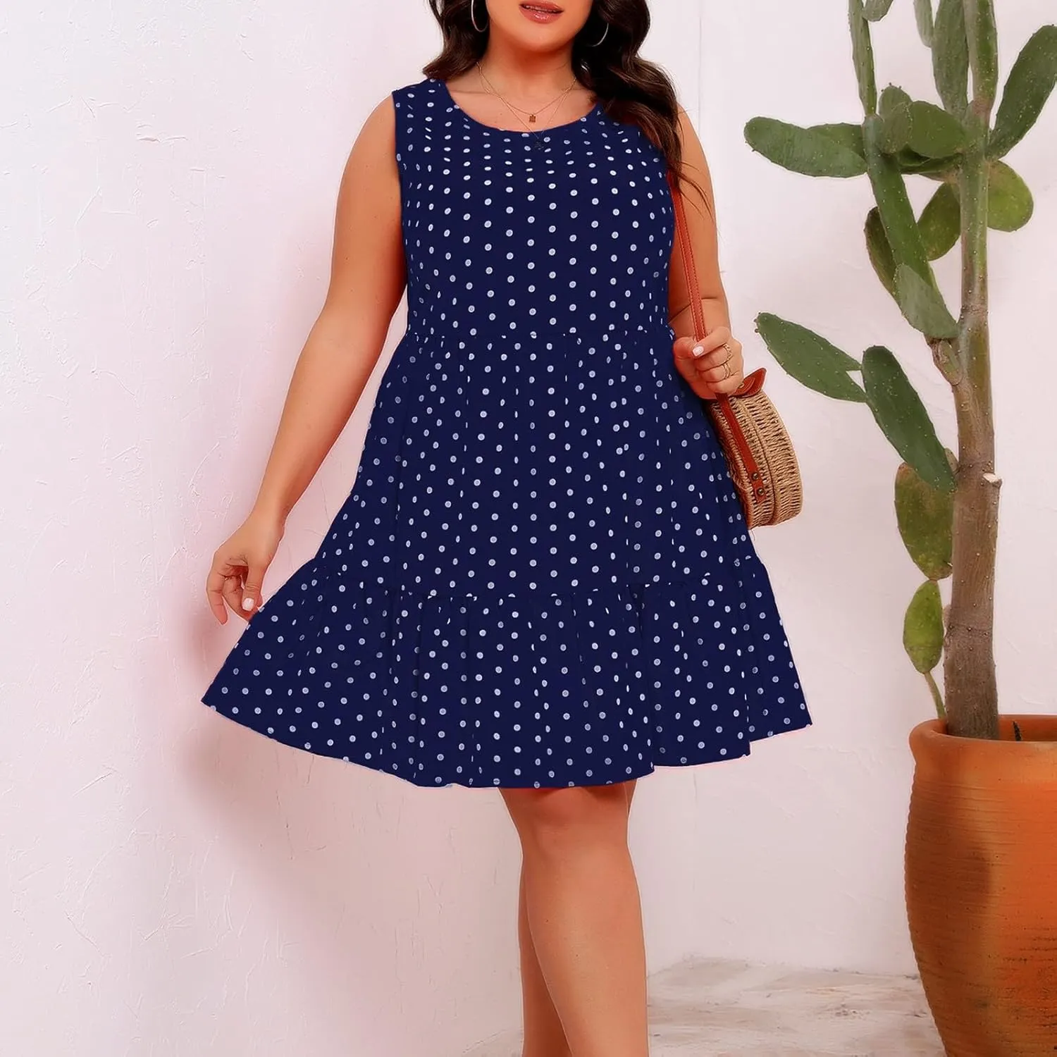 Women's Summer Plus Size Swing Dress, Sleeveless Crewneck Casual Dresses Fashion Polka Dot Porm Party Trendy Clothes